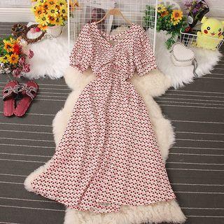 Short-sleeve Fruit Print Midi A-line Dress