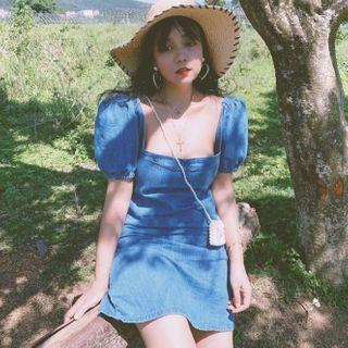 Short-sleeve Square-neck Denim Mini A-line Dress