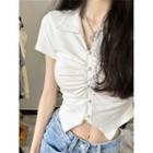 Short-sleeve Lapel Asymmetrical Cropped T-shirt White - One Size