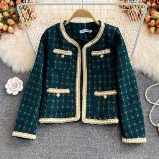Contrast Trim Open Front Tweed Jacket