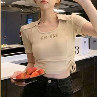 Collar Drawstring Cropped T-shirt Light Almond - One Size
