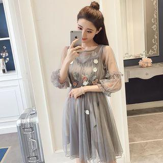 Flower Applique 3/4 Sleeve Mesh Dress With Sleeveless Dress