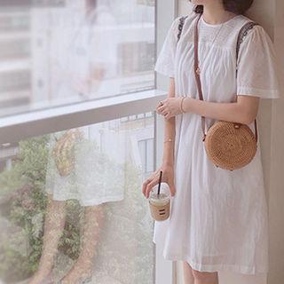Round-neck Shirred-yoke A-line Dress