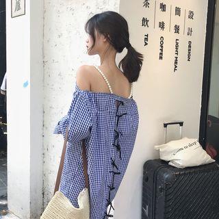 Pearl-strap Check Long-sleeve Dress
