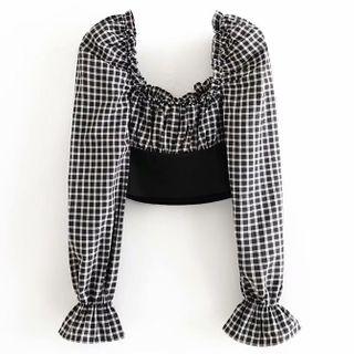 Plaid Bell-sleeve Cropped Blouse