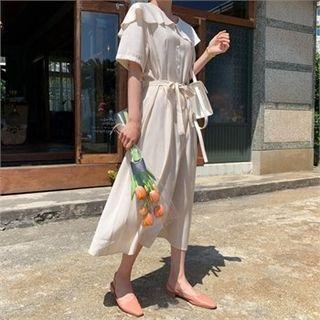 Frilled-collar Shirtdress With Sash Beige - One Size