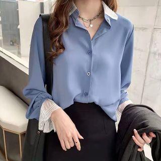 Plus Size Long-sleeve Lace Trim Chiffon Shirt