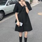 Short-sleeve V-neck Mini A-line Dress Black - One Size