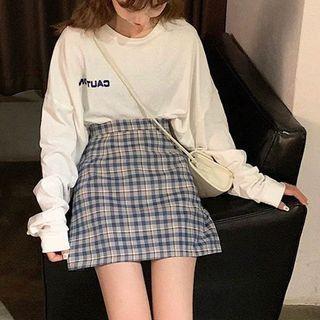 Set: Lettering Plain Sweatshirt + Plaid Skirt