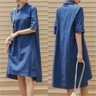 Half-placket Midi Linen Shirtdress Navy Blue - One Size