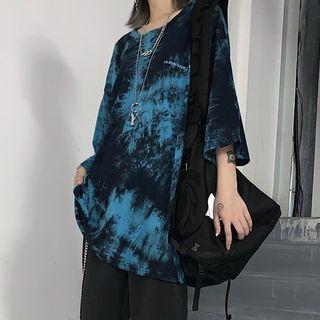 3/4-sleeve Tie Dye Embroidered Letter T-shirt