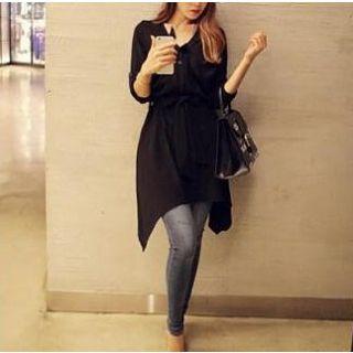 Long-sleeve Asymmetric-hem Dress Black - One Size