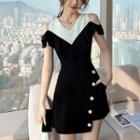 Set: Mock Two-piece Cold-shoulder A-line Dress + Shorts