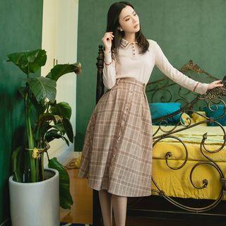 Set: Collared Knit Top + Midi A-line Skirt