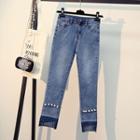 Faux Pearl Washed Straight Cut Jeans