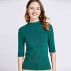 Elbow Sleeve Plain Ribbed Knit Top