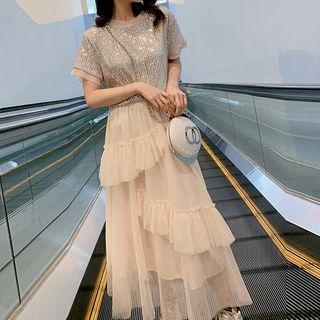 Set: Sequined Short-sleeve T-shirt + Mesh Midi A-line Skirt