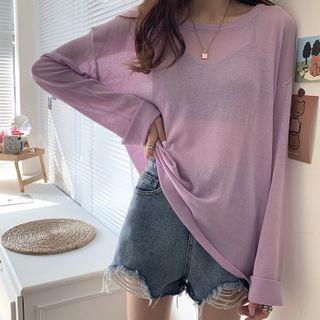 Long-sleeve Plain Sheer Knit T-shirt