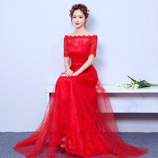 Off Shoulder A-line Lace Evening Gown