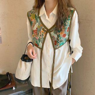Plain Shirt / Embroidered Shawl