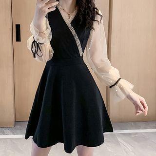 Faux Pearl Mesh Sleeve A-line Mini Dress