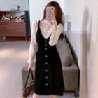 Set: Long-sleeve Top + Spaghetti Strap Button-up Dress