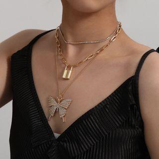 Set: Rhinestone Butterfly / Padlock Pendant Necklace 0685 - Gold - One Size