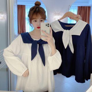 Long-sleeve Two Tone Sailor-collar Blouse