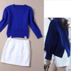 Set: Loose Fit Sweater + Faux Leather Mini Skirt