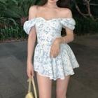 Off-shoulder Floral Pleated Dress