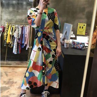 Print Elbow-sleeve A-line Midi Dress As Shown In Figure - One Size