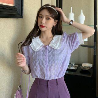 Plaid Short-sleeve Shirt Purple - One Size