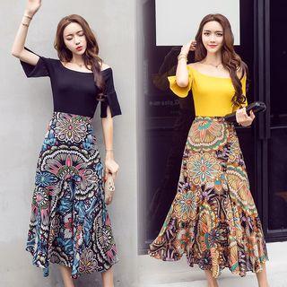 Set: Elbow-sleeve T-shirt + Printed Midi Skirt