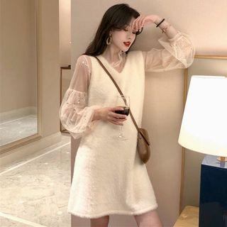 Set Of 2: Mesh Long-sleeve Top / Sleeveless Furry Mini Dress