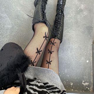 Ribbon Accent Fishnet Tights Black - One Size