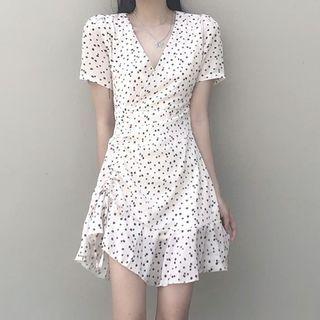 V-neck Floral Mini A-line Dress Black Floral - Beige - One Size
