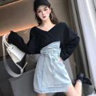 Set: Long-sleeve V-neck T-shirt + Denim Mini A-line Skirt