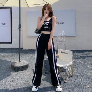 Lettering Cropped Tank Top / Stripe-side Wide Leg Pants