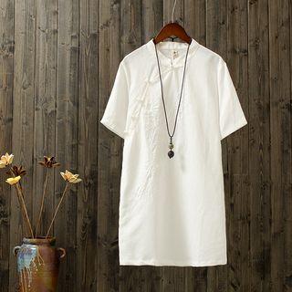 Mandarin Collar Short-sleeve Long Blouse