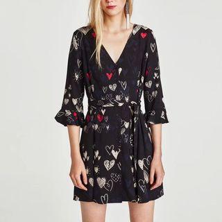 3/4-sleeve Ruffle Printed Dress