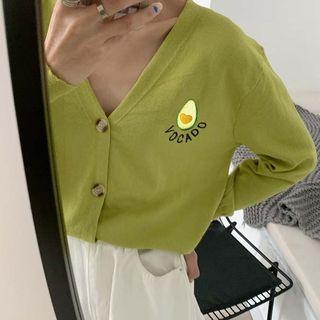 Long-sleeve Embroidered Avocado Buttoned Knit Top