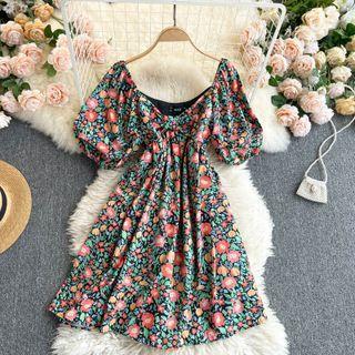 Puff-sleeve Floral Print A-line Dress Floral Print - Green - One Size