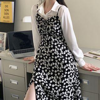 Spaghetti Strap Floral Print Drawstring Midi A-line Dress / Shirt