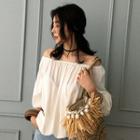 Round-neck 3/4-sleeve Shirred Top