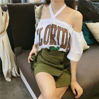 Lettering Off-shoulder Halter Short-sleeve T-shirt