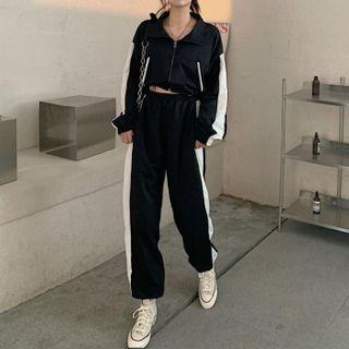 Two-tone Zip-up Jacket / High-waist Sweatpants