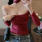 Cold Shoulder Long-sleeve T-shirt Wine Red - One Size
