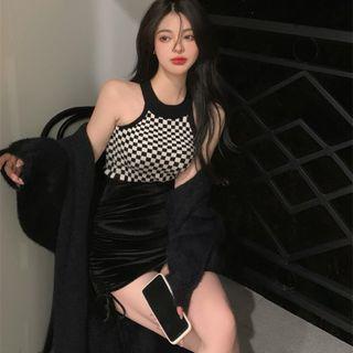 Plaid Tank Top / High-waist Plain Mini Skirt / Plain Woolen Cardigan