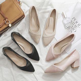 Panel Block Heel Pointed Pumps