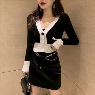 Long-sleeve Buttoned Knit Top / Mini Skirt / Chained Belt Bag / Set